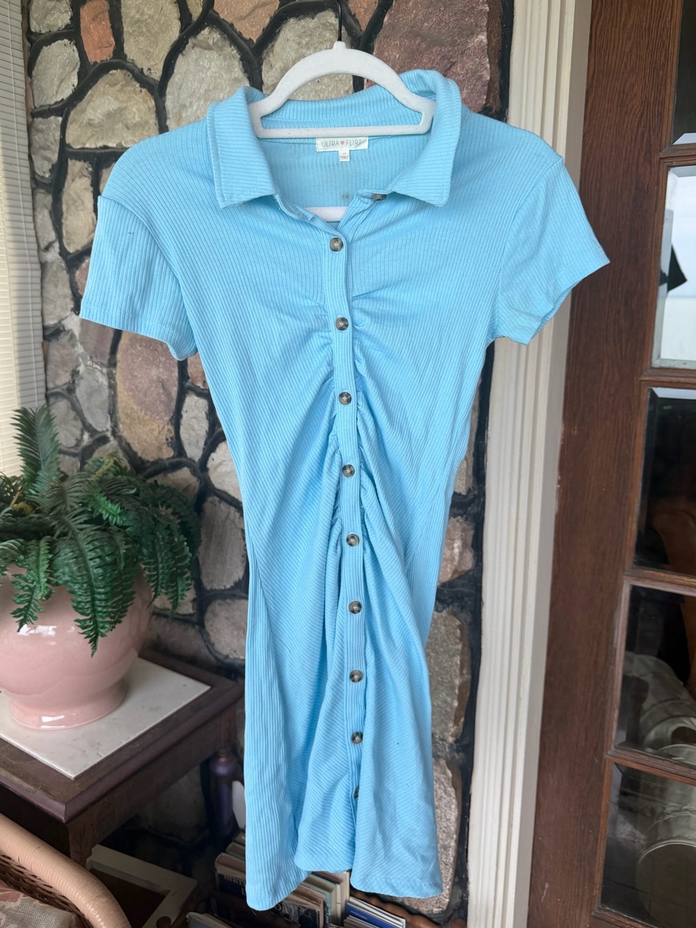 Light Blue Ribbed Button-Front Polo Dress